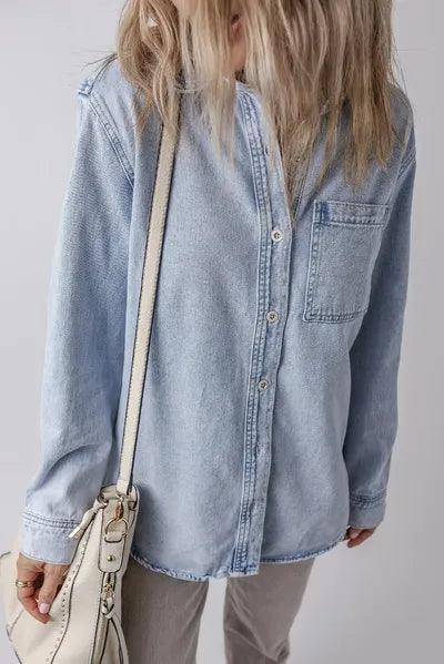 Pocketed Collared Neck Denim Top - Chic Yana's Fashion