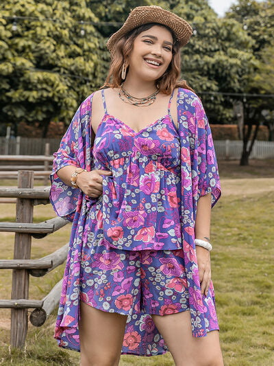 Plus Size Printed Cami Open Front Cover Up And Shorts Set - Chic Yana's Fashion