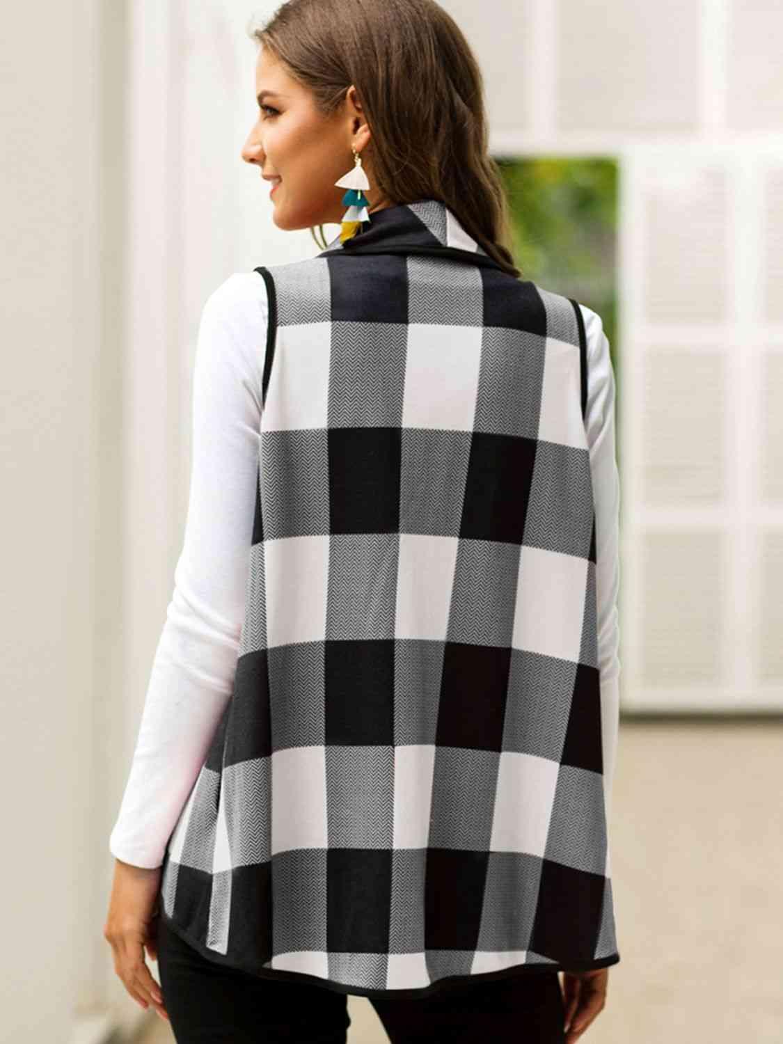 Shiny Plaid Open Front Sleeveless Cardigan - Chic Yana's Fashion