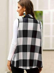 Shiny Plaid Open Front Sleeveless Cardigan - Chic Yana's Fashion