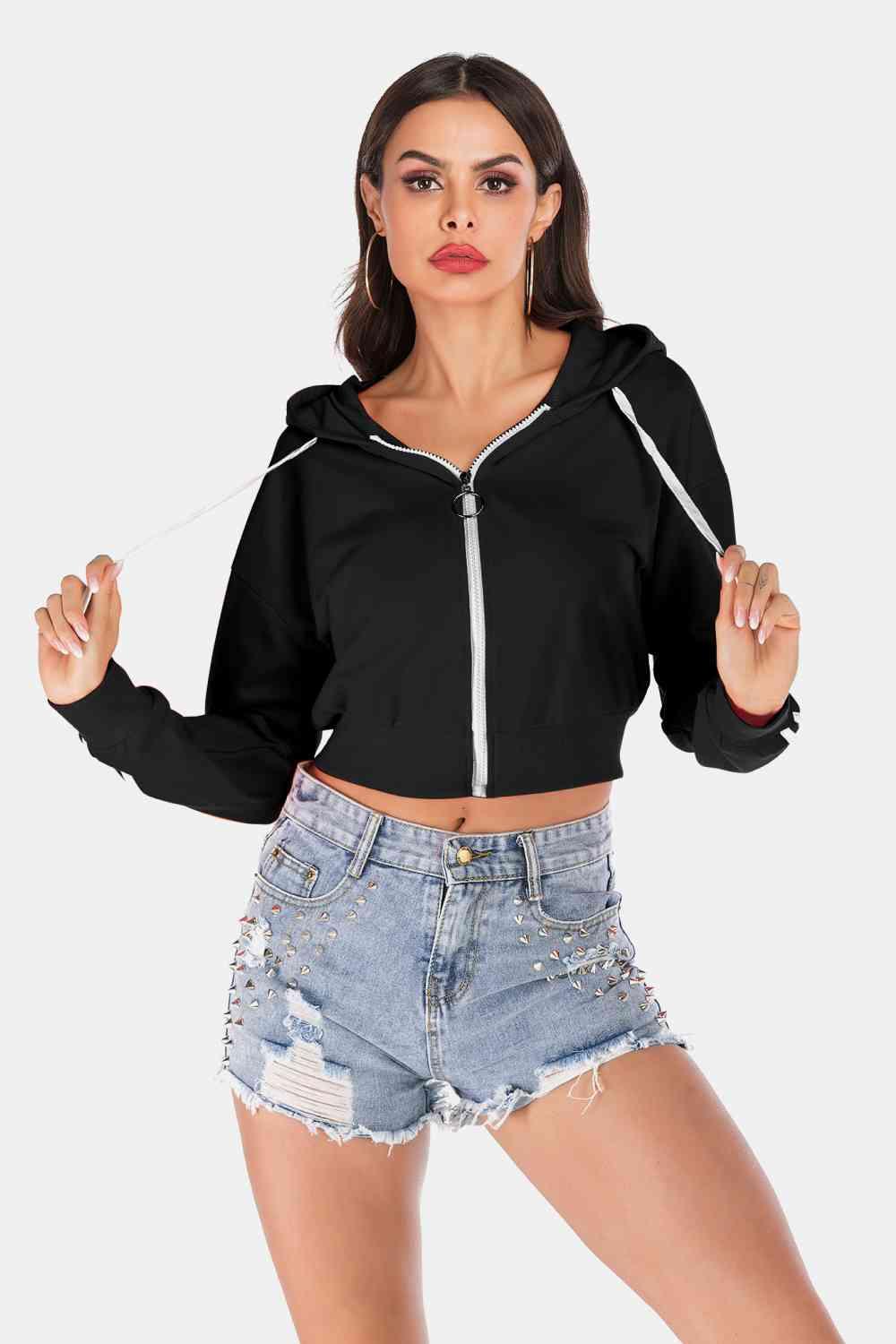 Perfee Side Stripe Drawstring Cropped Hooded Jacket - Chic Yana's Fashion