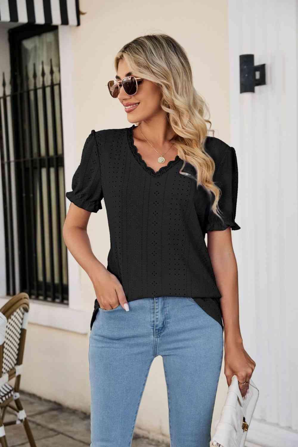 Eyelet Flounce Sleeve Scalloped V Neck Top - Chic Yana's Fashion