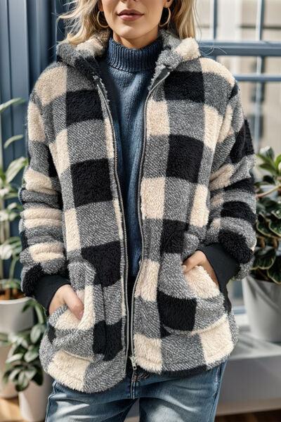 Double Take Full Size Plaid Long Sleeve Hooded Coat - Chic Yana's Fashion