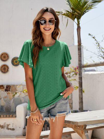 Mandy Eyelet Round Neck Flutter Sleeve Top - Chic Yana's Fashion