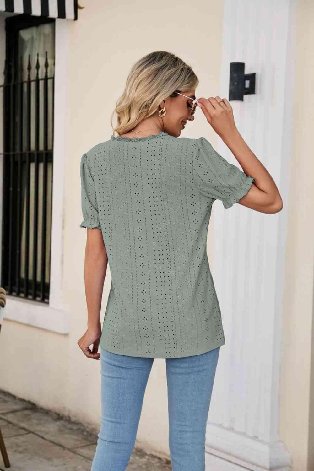 Eyelet Flounce Sleeve Scalloped V Neck Top - Chic Yana's Fashion