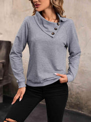 Perfee Mock Neck Raglan Sleeve Buttoned Sweatshirt - Chic Yana's Fashion