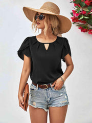 Cutout Round Neck Petal Sleeve Blouse - Chic Yana's Fashion