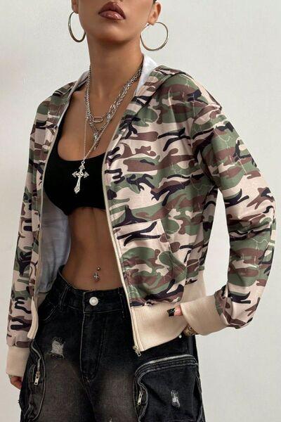 Pocketed Camouflage Zip Up Hooded Jacket - Chic Yana's Fashion