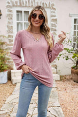 Eyelet Notched Neck Balloon Sleeve Blouse - Chic Yana's Fashion