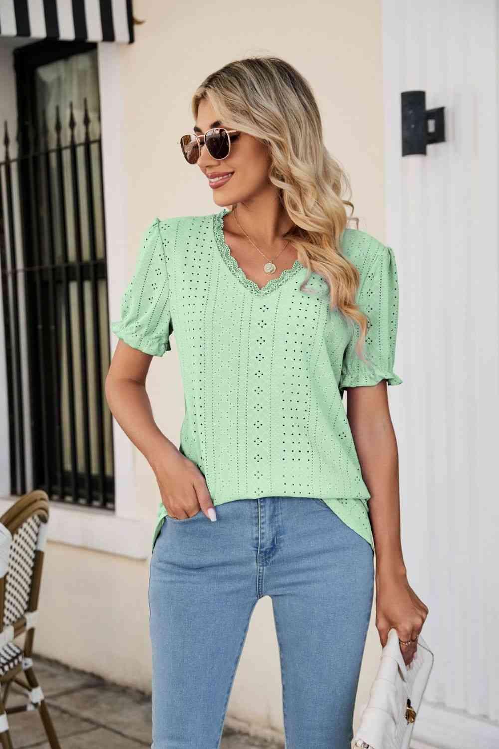 Eyelet Flounce Sleeve Scalloped V Neck Top - Chic Yana's Fashion