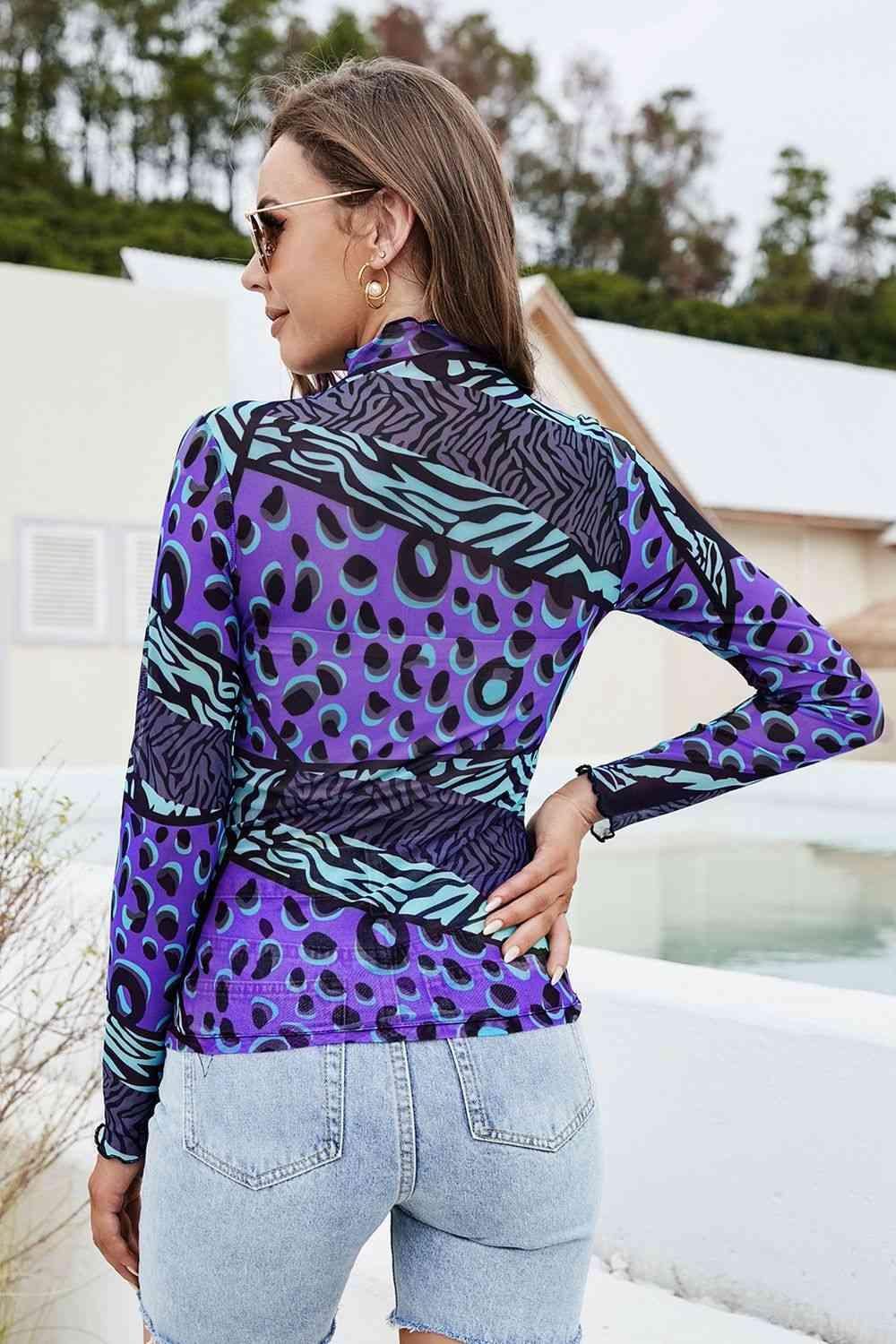 Printed Mock Neck Long Sleeve Blouse - Chic Yana's Fashion