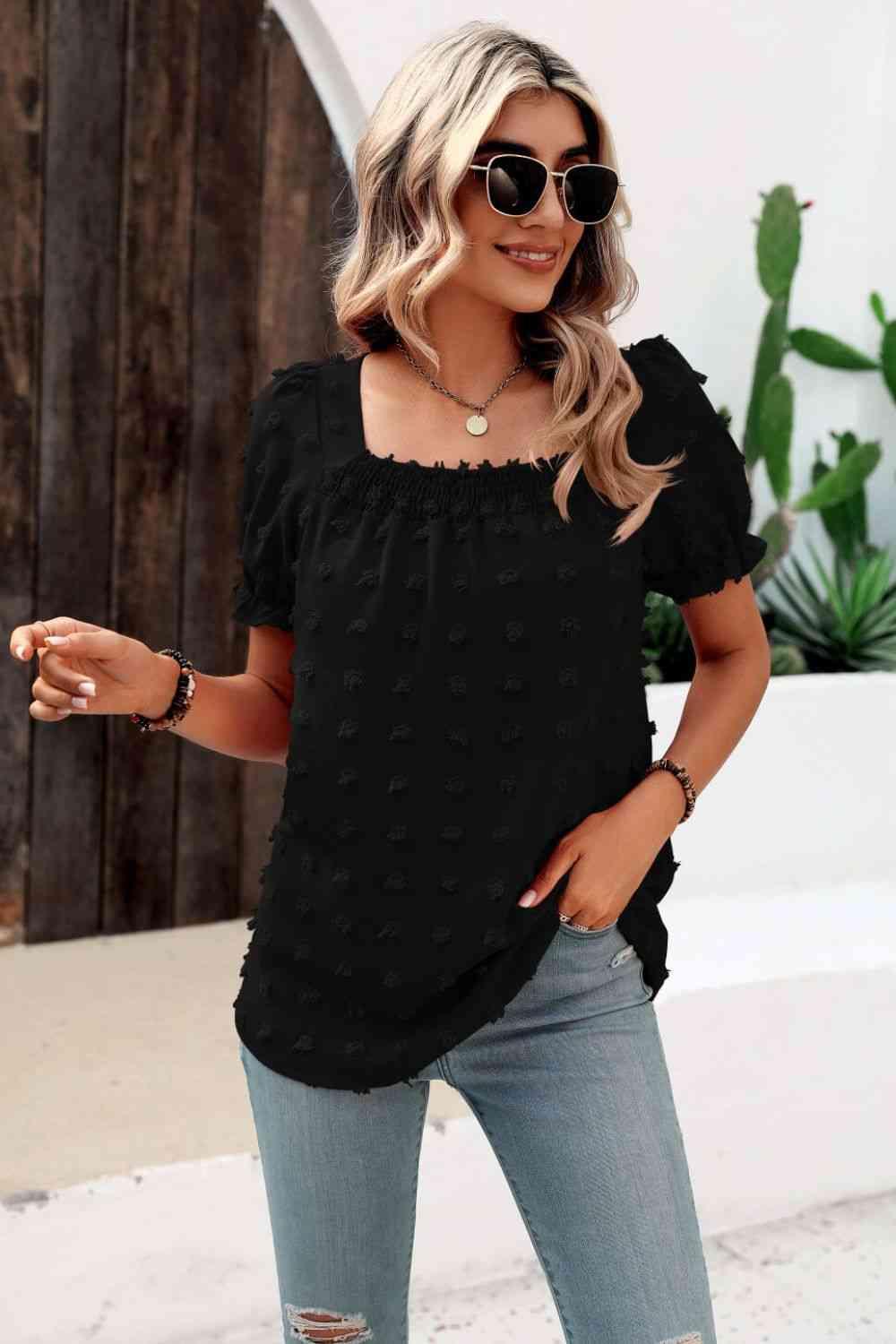 Mandy Swiss Dot Puff Sleeve Square Neck Blouse - Chic Yana's Fashion