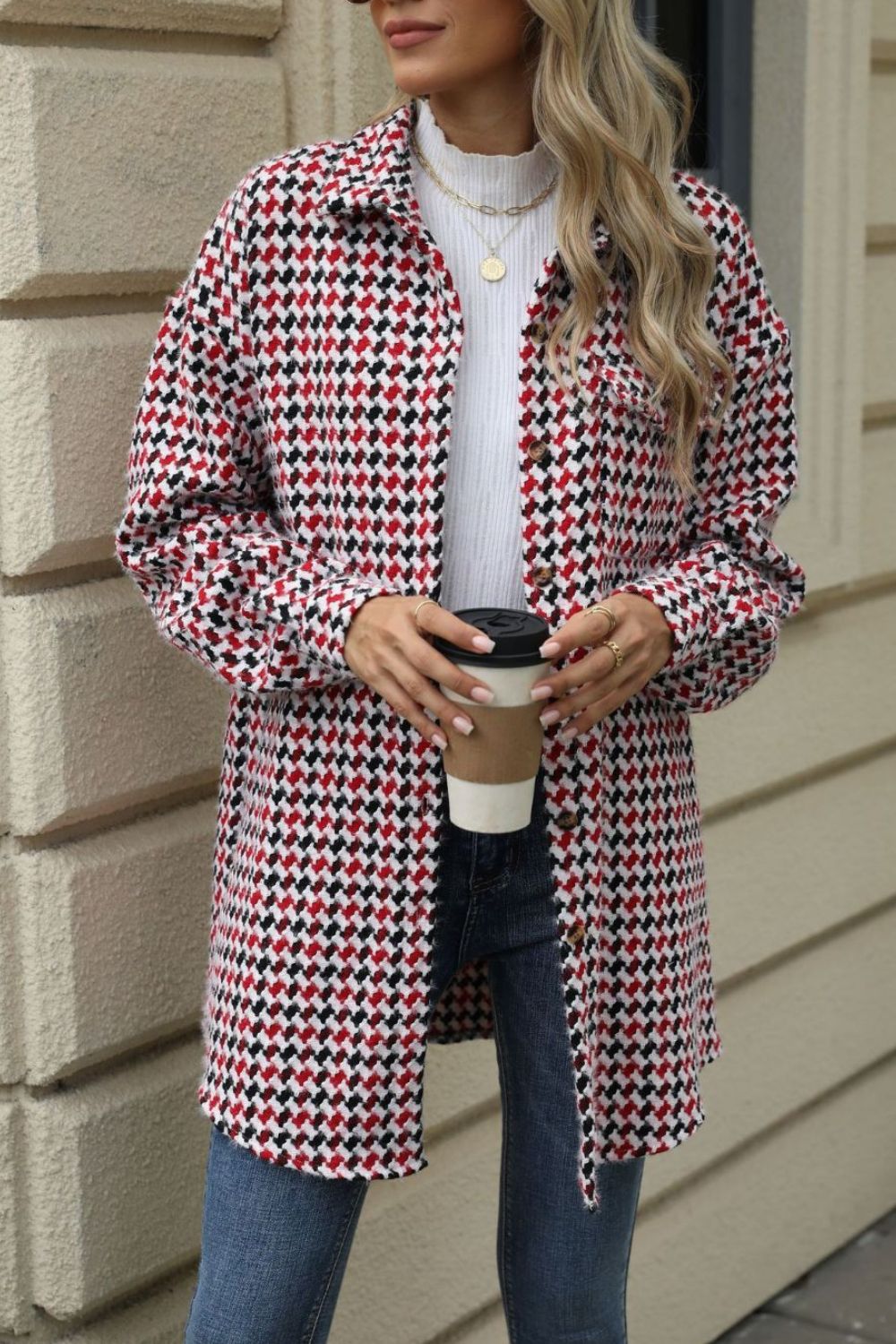 Houndstooth Button Up Dropped Shoulder Coat - Chic Yana’s Fashion