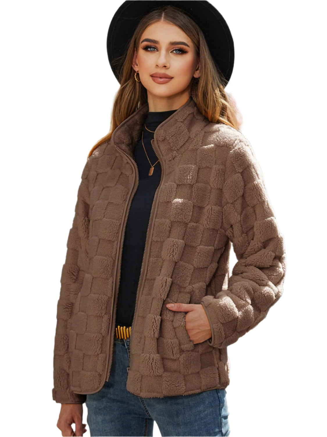 Fuzzy Checkered Zip Up Jacket - Chic Yana’s Fashion