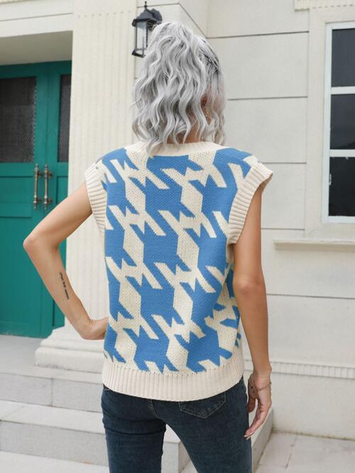 Houndstooth V Neck Sweater Vest - Chic Yana's Fashion