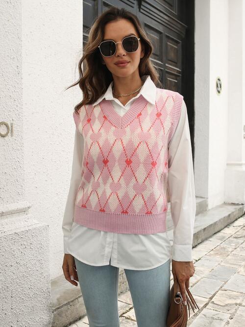 Geometric V Neck Sweater Vest - Chic Yana's Fashion