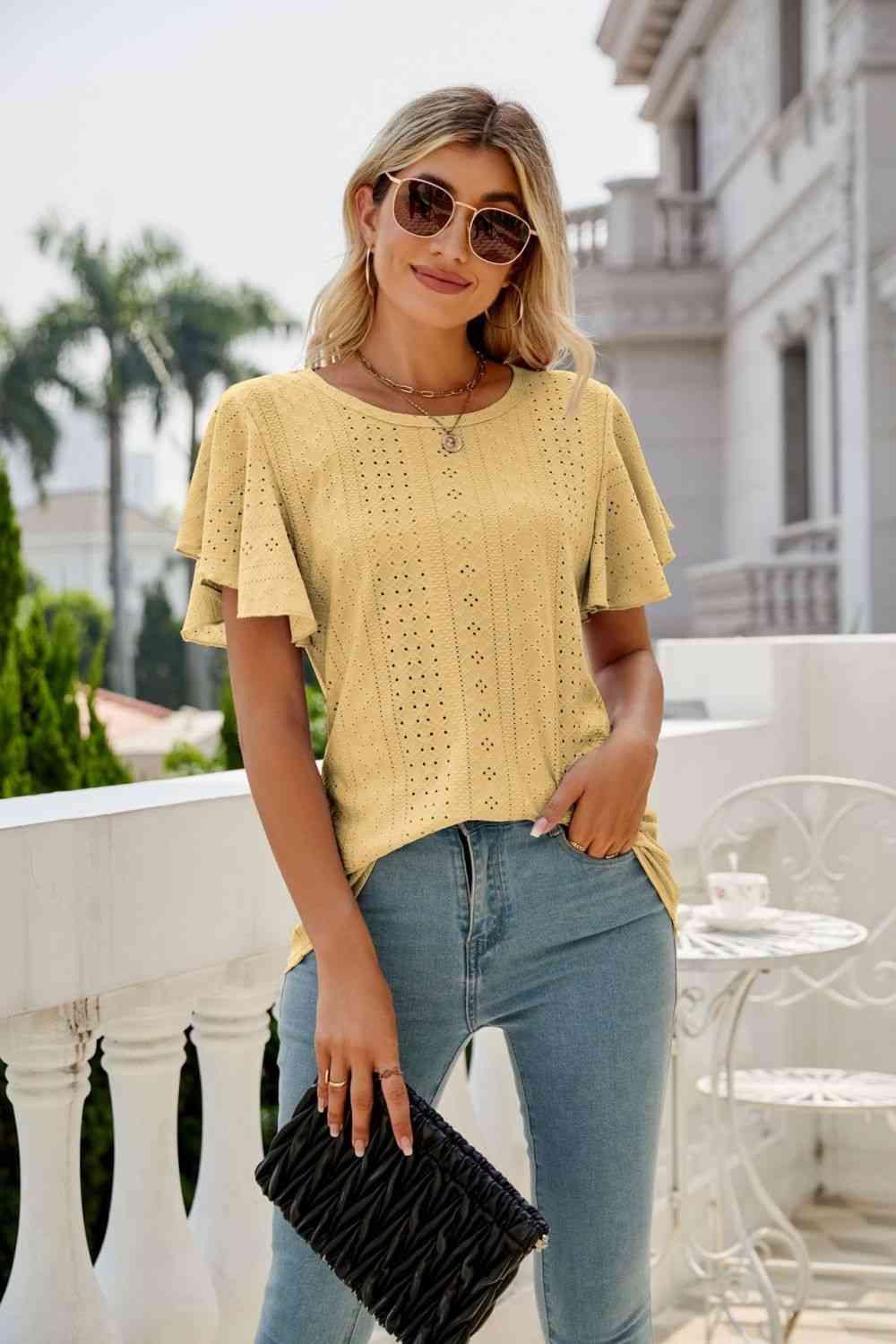 Eyelet Flutter Sleeve Round Neck Top - Chic Yana's Fashion