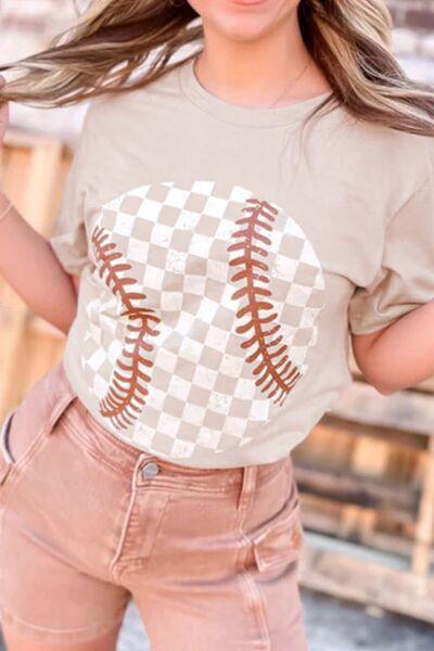 Contrast Checkered Baseball Graphic Round Neck Short Sleeve T Shirt - Chic Yana's Fashion