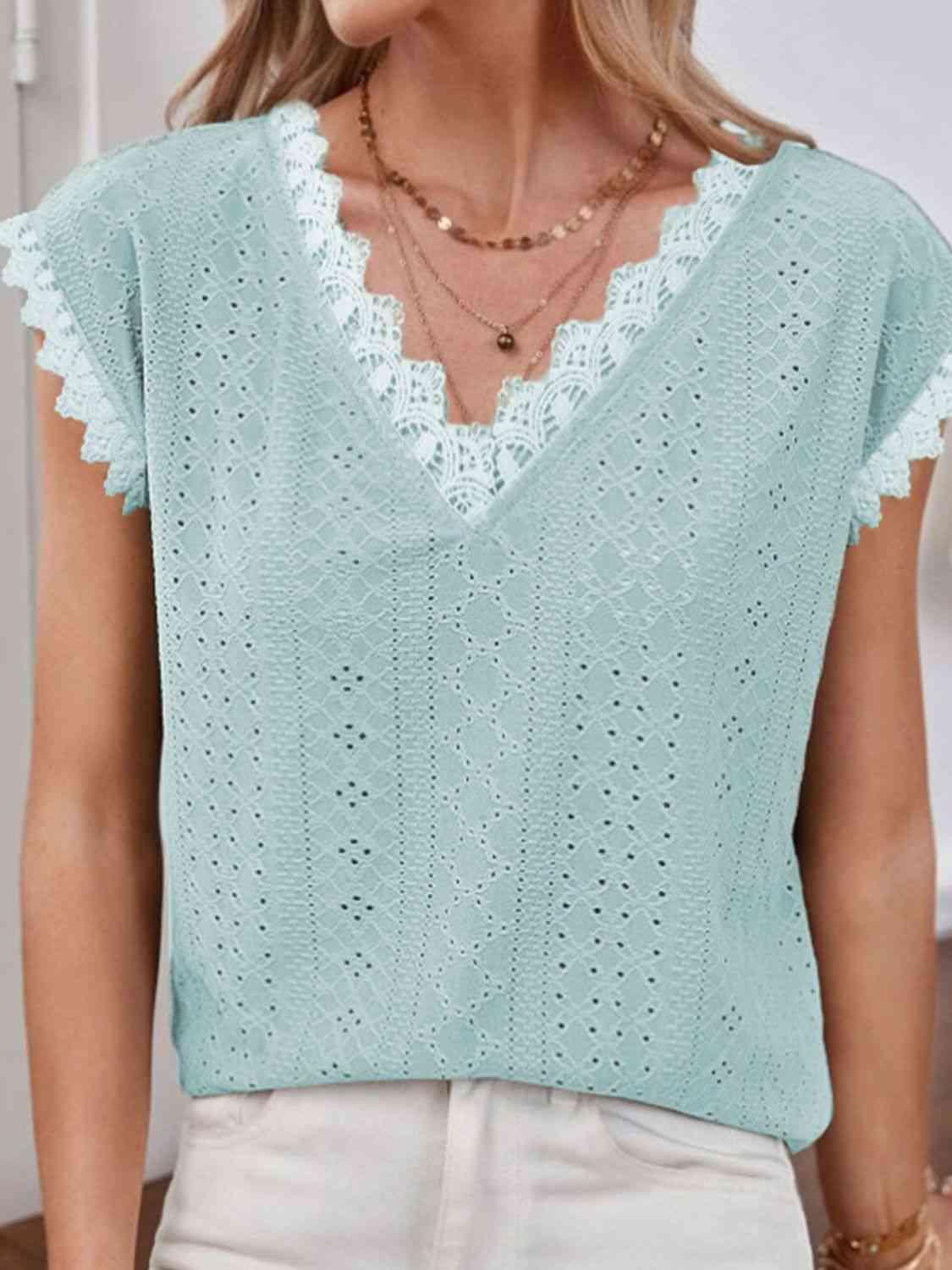 Shiny V Neck Eyelet Short Sleeve Top - Chic Yana's Fashion