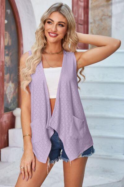 Eyelet Open Front Sleeveless Cardigan - Chic Yana's Fashion