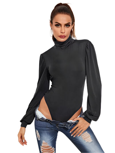 Backless Tie Waist Turtleneck Lantern Sleeve Bodysuit - Chic Yana's Fashion
