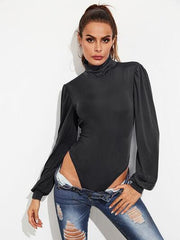 Backless Tie Waist Turtleneck Lantern Sleeve Bodysuit - Chic Yana's Fashion