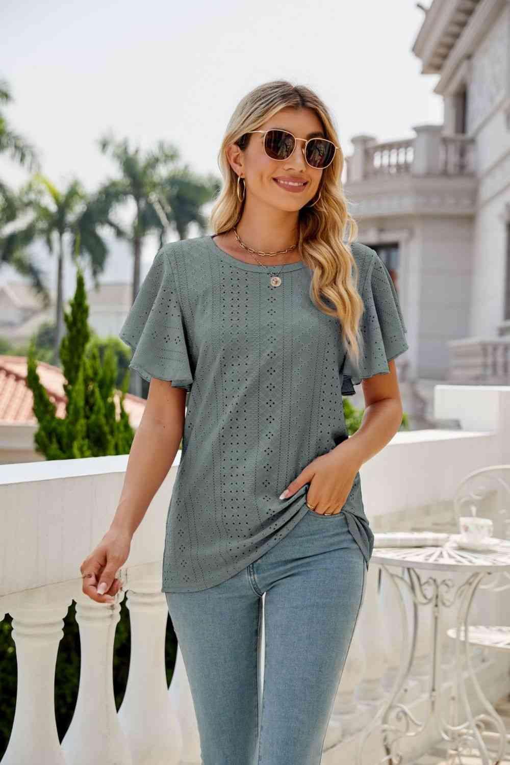 Eyelet Flutter Sleeve Round Neck Top - Chic Yana's Fashion