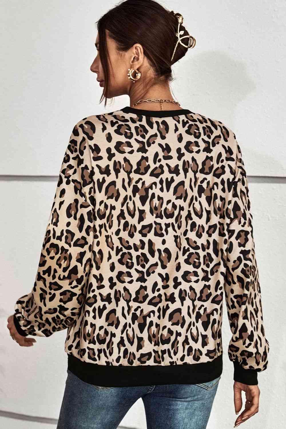 Leopard Round Neck Dropped Shoulder Sweatshirt - Chic Yana's Fashion