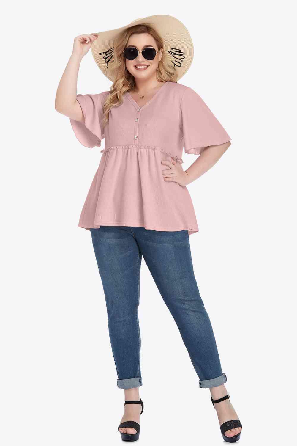 Plus Size Buttoned V Neck Frill Trim Babydoll Blouse - Chic Yana's Fashion