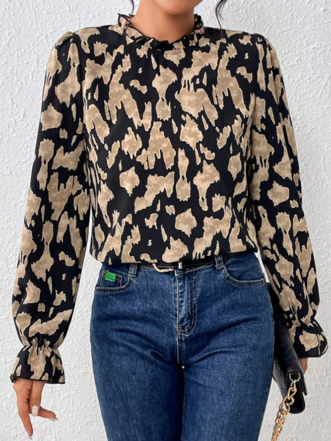 Frill Leopard Mock Neck Flounce Sleeve Blouse – A Tops designed for style and comfort.