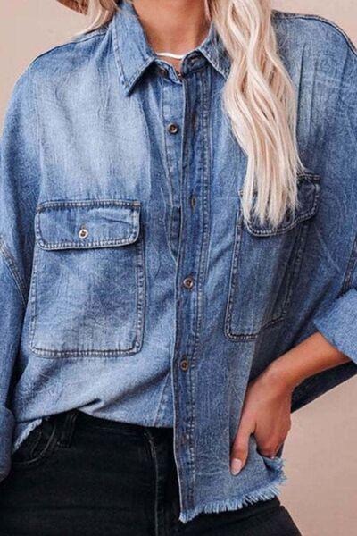 Collared Neck Raw Hem Long Sleeve Denim Shirt - Chic Yana's Fashion