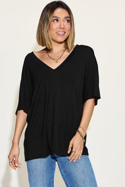 Basic Bae Full Size Bamboo V Neck Drop Shoulder T Shirt - Chic Yana's Fashion