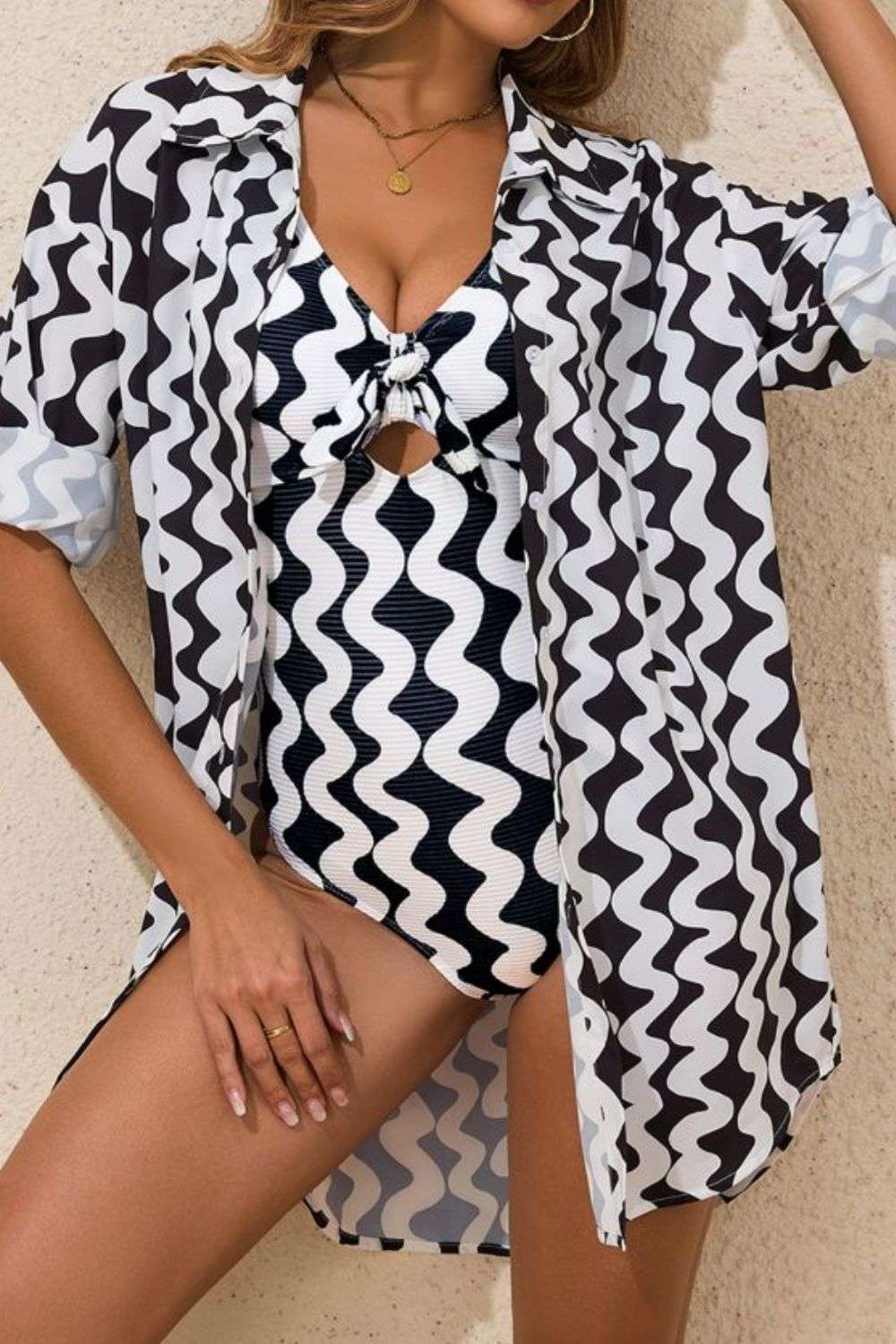 Button Down Contrast Striped Cover Up - Stylish and Trendy Women's Fashion from Chic Yana's Fashion