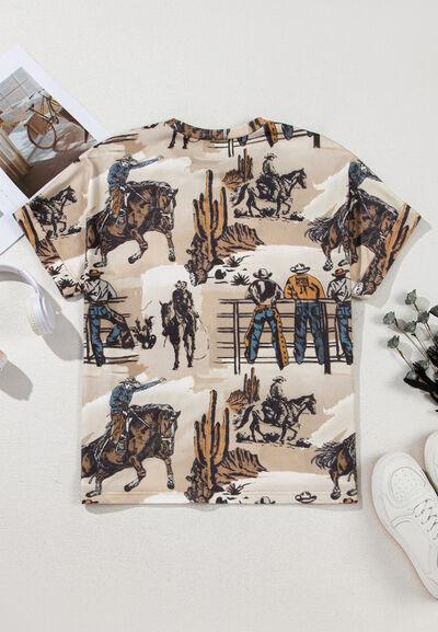 Cowboy Print Round Neck Short Sleeve T Shirt - Chic Yana's Fashion