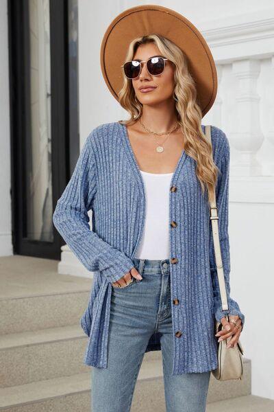 Ribbed Button Up Long Sleeve Cardigan - Chic Yana's Fashion