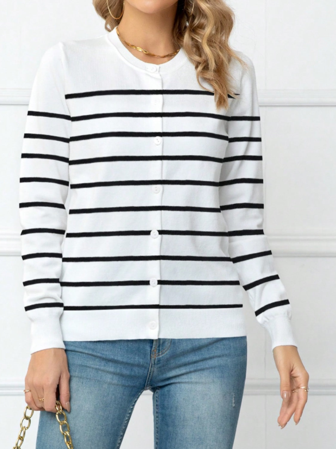 Striped Round Neck Button Up Cardigan - Chic Yana’s Fashion