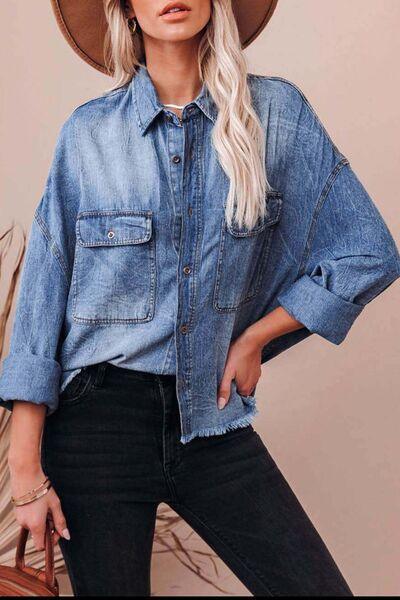 Collared Neck Raw Hem Long Sleeve Denim Shirt - Chic Yana's Fashion