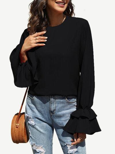 Round Neck Double Layered Flounce Sleeve Top - Chic Yana's Fashion