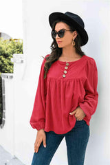 Button Up Balloon Sleeve Blouse - Chic Yana's Fashion