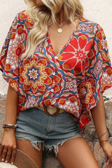 Printed V Neck Half Sleeve Blouse - Chic Yana's Fashion