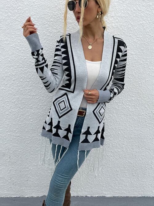 Shiny Geometric Fringe Hem Open Front Cardigan - Chic Yana's Fashion