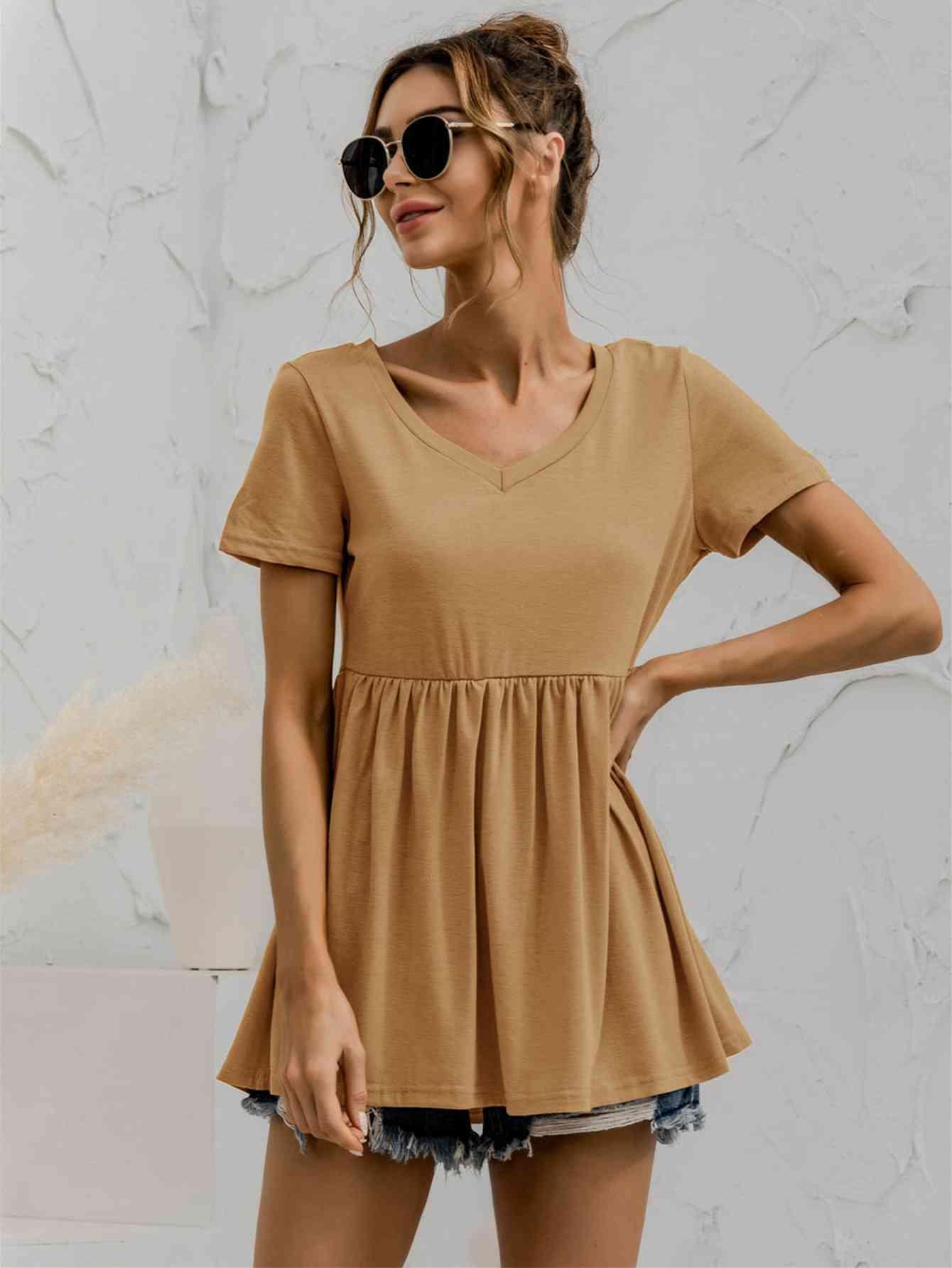 V Neck Short Sleeve Babydoll Top - Chic Yana's Fashion