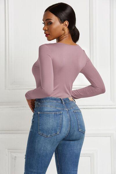 Half Zip Scoop Neck Long Sleeve Bodysuit - Chic Yana's Fashion