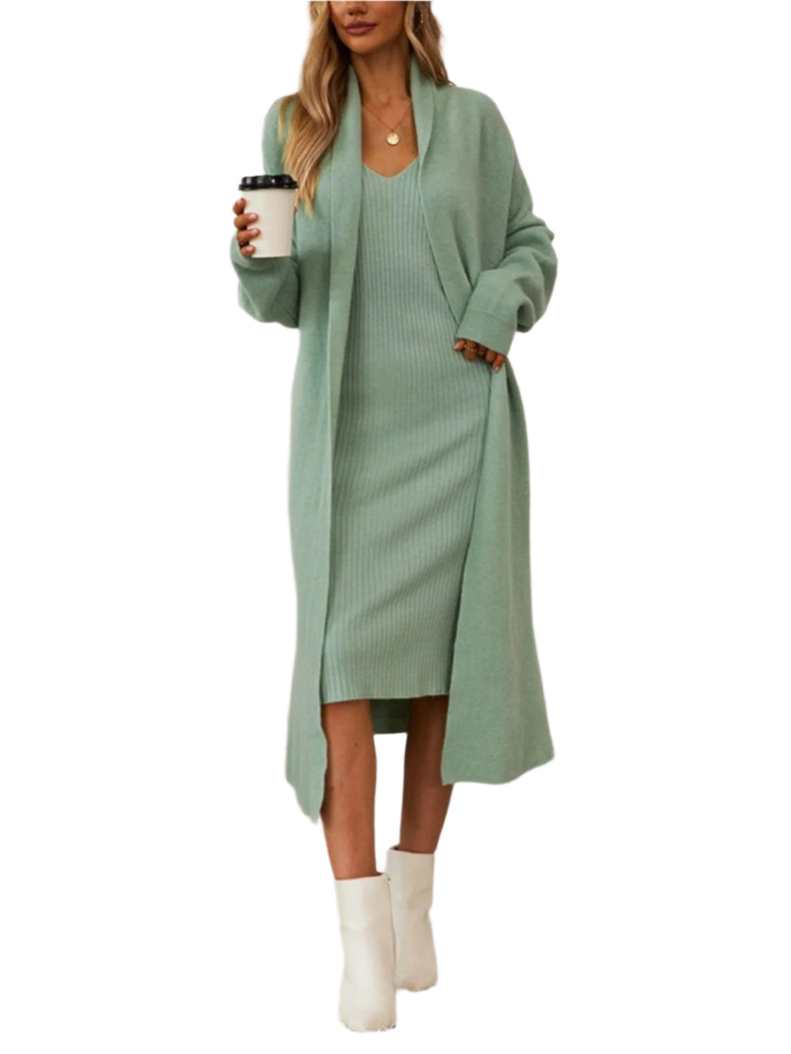 V-Neck Cami Dress and Open Front Cardigan Sweater Set - Shop Now at Chic Yana's Fashion