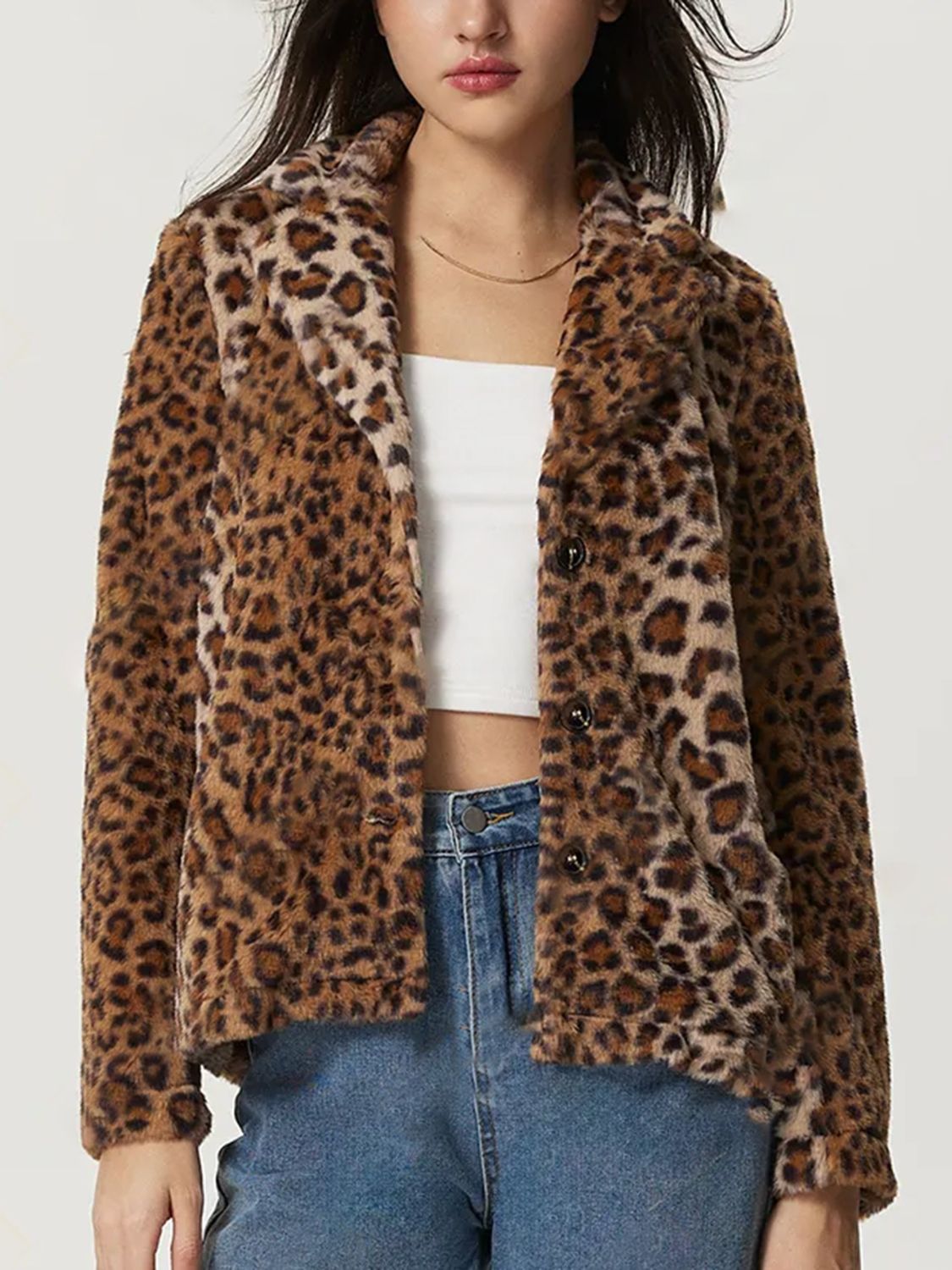 Modern and sleek, the Fuzzy Leopard Collared Neck Jacket enhances any wardrobe effortlessly.