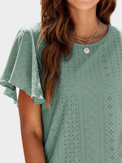 Mandy Eyelet Round Neck Flutter Sleeve Top - Chic Yana's Fashion