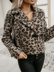 Close-up of Fuzzy Animal Print Collared Neck Coat, showcasing high-quality fabric and design.