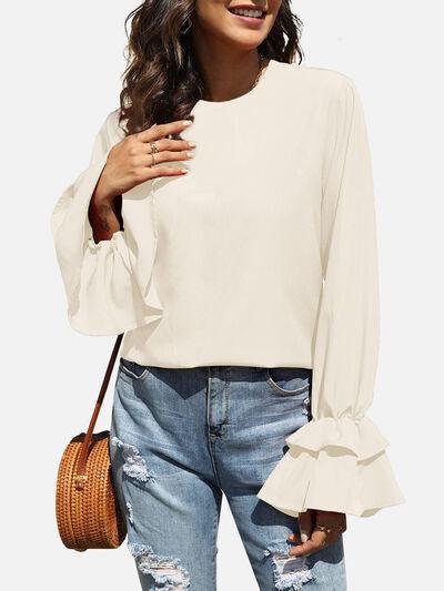 Round Neck Double Layered Flounce Sleeve Top - Chic Yana's Fashion