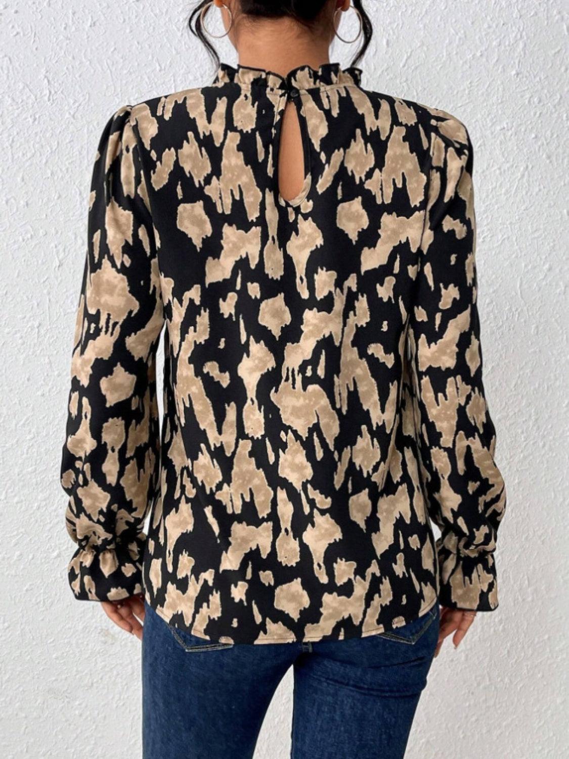 Frill Leopard Mock Neck Flounce Sleeve Blouse – A Tops designed for style and comfort.