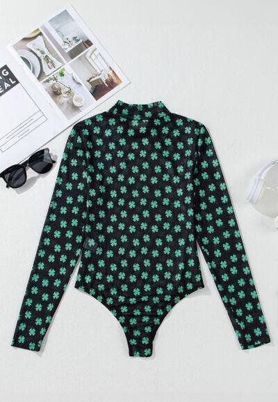 Lucky Clover Mock Neck Long Sleeve Bodysuit - Chic Yana's Fashion